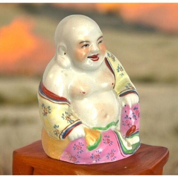 Chinese Famille Rose Porcelain Happy Laughing Buddha Figurine 3.5" Miniature - Picture 1 of 7